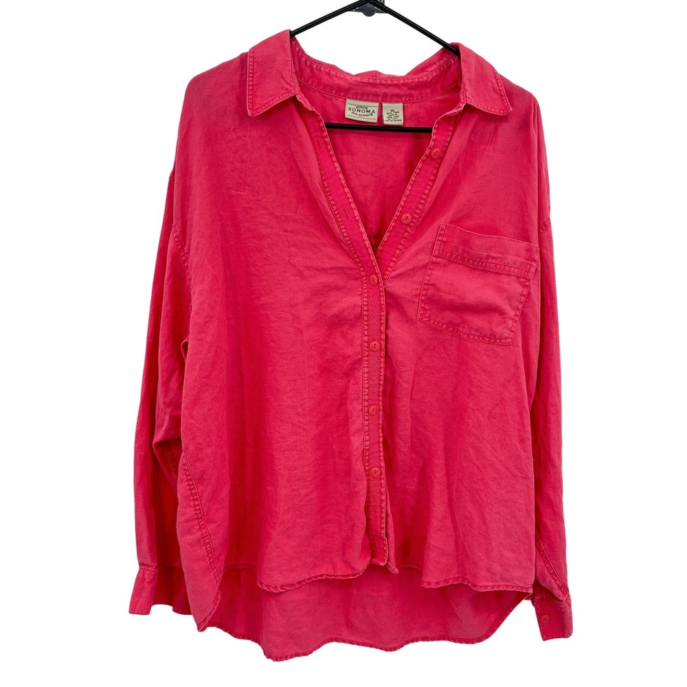 100%‎ Linen Button Up Shirt XL Red Red Oversized Coastal Resort Minimalist Top